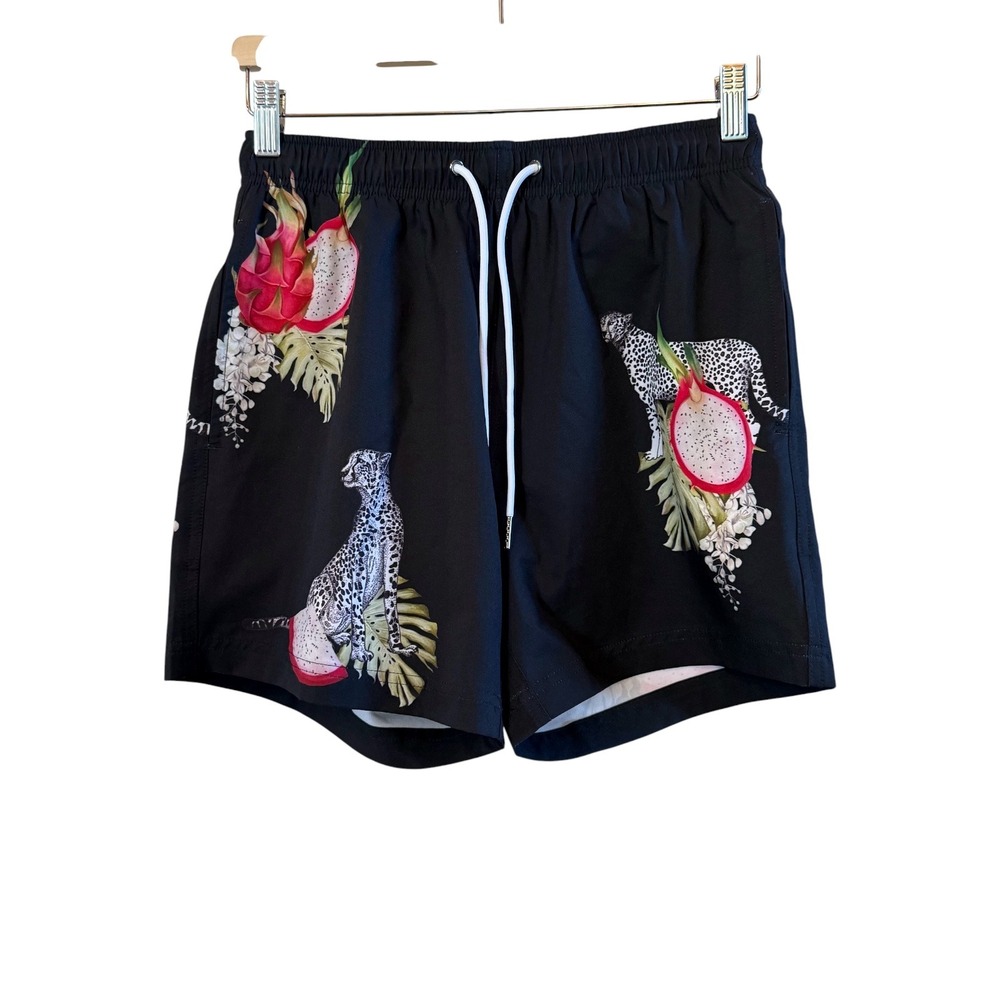 Mavrans Mens Black Cheetah Dragon Fruit Tropical Mesh Lined Swim Trunks Size S